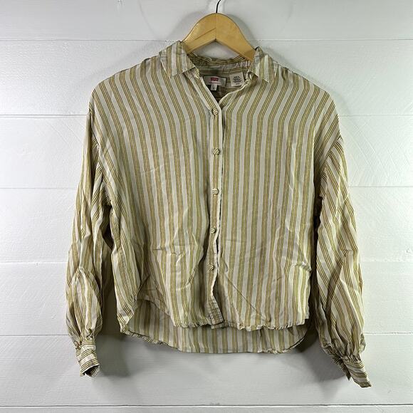 LEVI'S‎ Tan Yellow Vertical Striped Button Up 3/4 Sleeve Blouse Top Shirt Size S - Picture 1 of 12